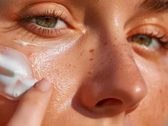 Close-up of a freckled face with green eyes and glowing skin, as a finger applies white face cream to the cheek.
