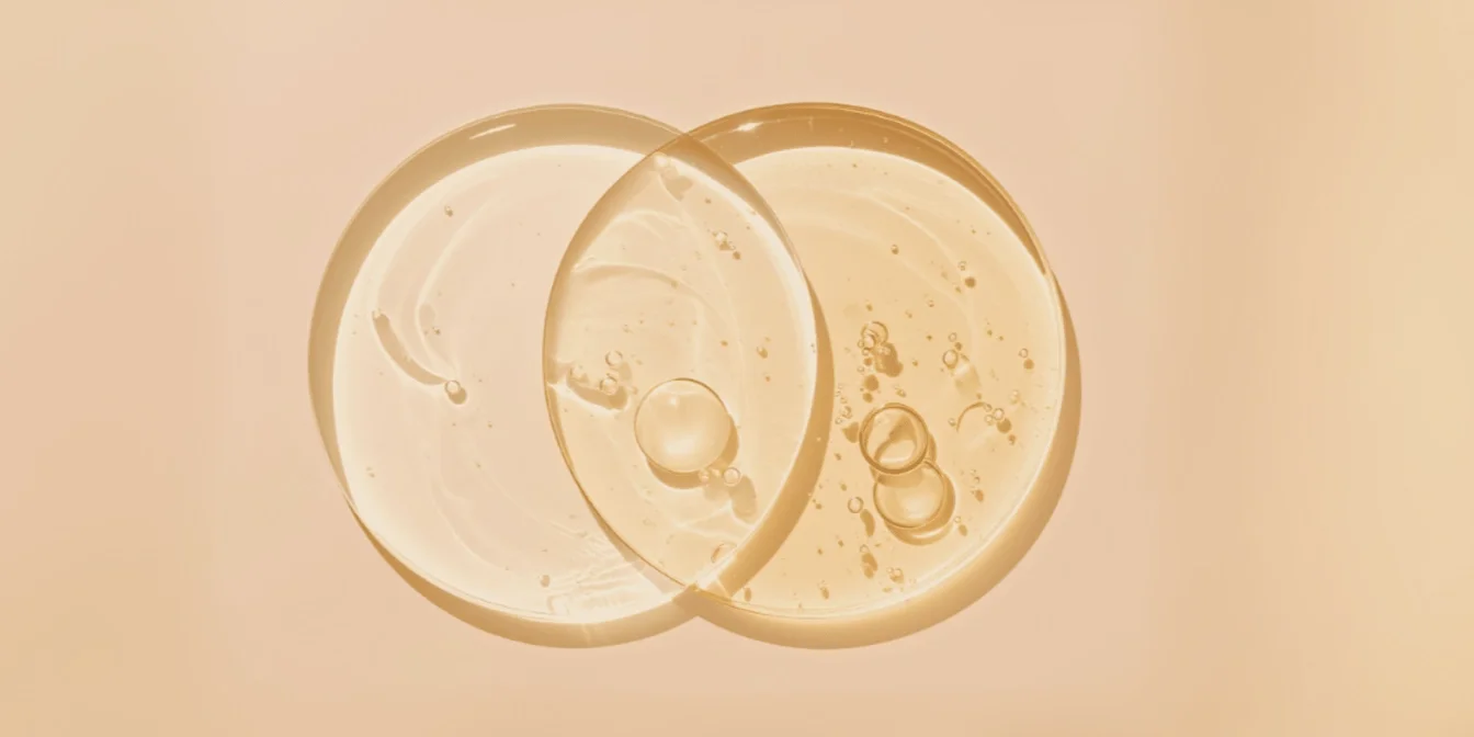 Two overlapping transparent discs filled with clear and golden liquid, showing small air bubbles and smooth textures, set against a soft pastel background with gentle light reflections