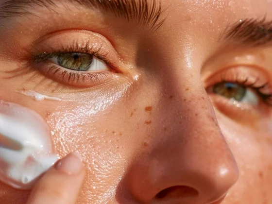 Close-up of a freckled face with green eyes and glowing skin, as a finger applies white face cream to the cheek.